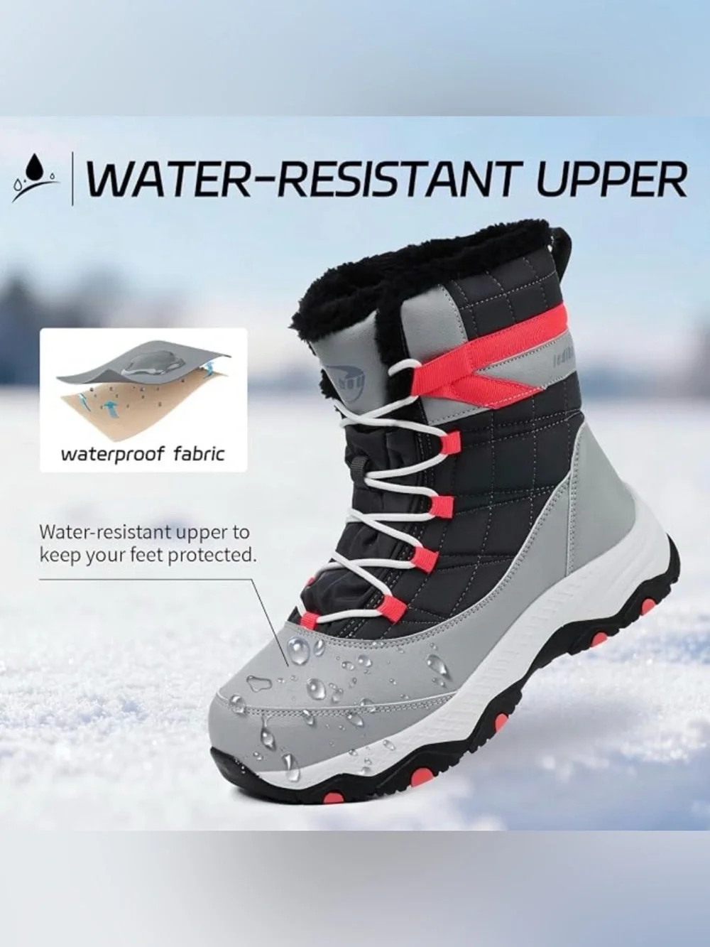 Women's Insulated Winter Boot - Black, Gray & Pink Accent